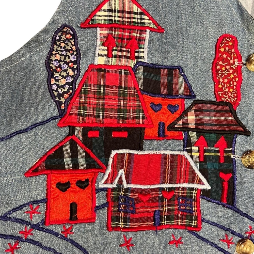 Vintage Patchwork Denim Vest Embroidered Folk Art Plaid Cottagecore M - Picture 4 of 9